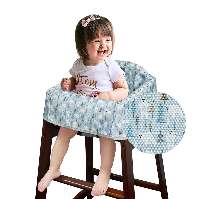 Solfres Dual-Belt Baby High Chair Cover, Upgrade Version, for Wooden or Restaurant High Chair, Sturdy and Robust Material, Waterproof Washable Stain and Slip Resistant, Blue Polar Bear - Image 1